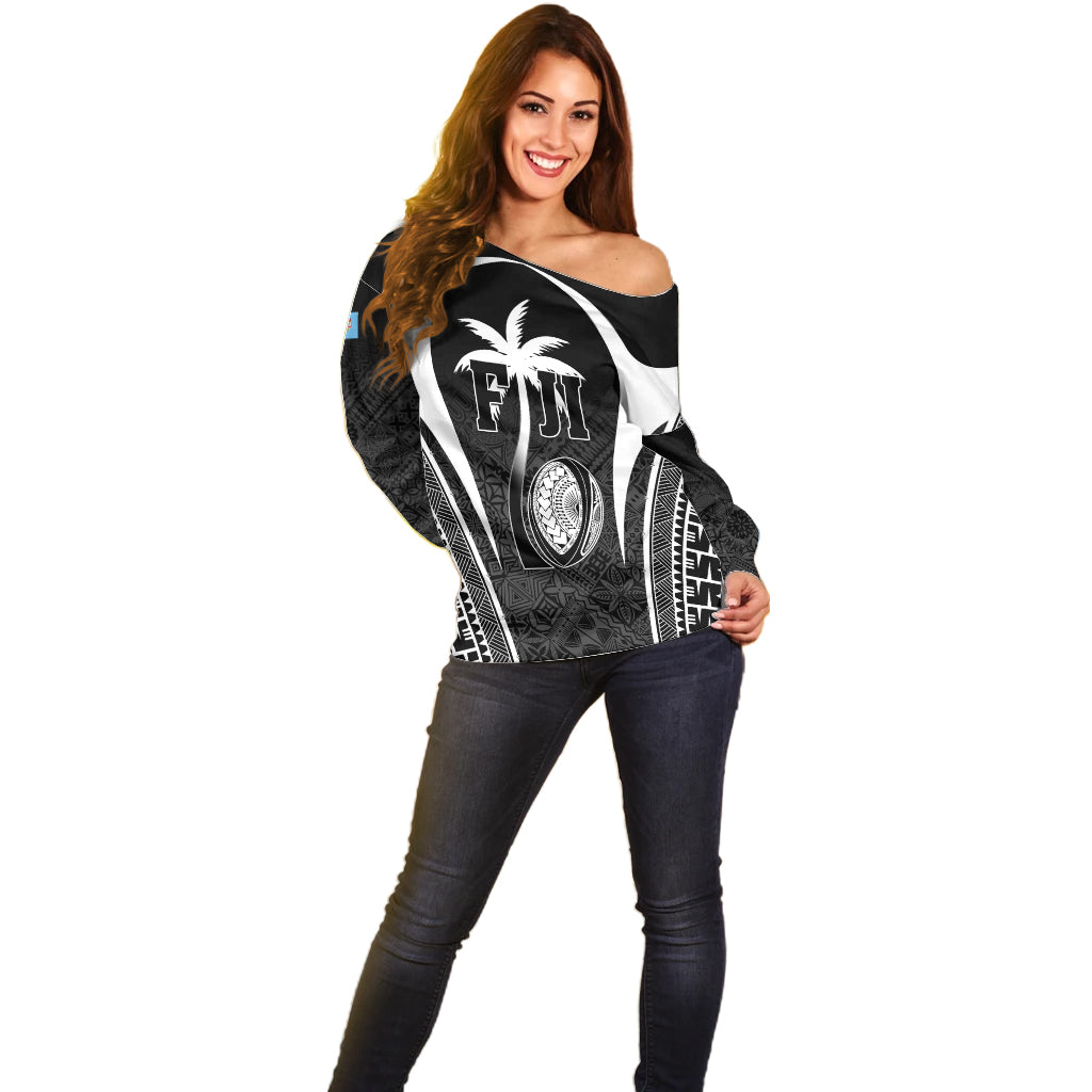 Custom Fiji Rugby Off Shoulder Sweater Fijian Warrior Black