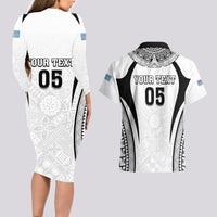 Custom Fiji Rugby Couples Matching Long Sleeve Bodycon Dress and Hawaiian Shirt Fijian Warrior White LT05 - Polynesian Pride