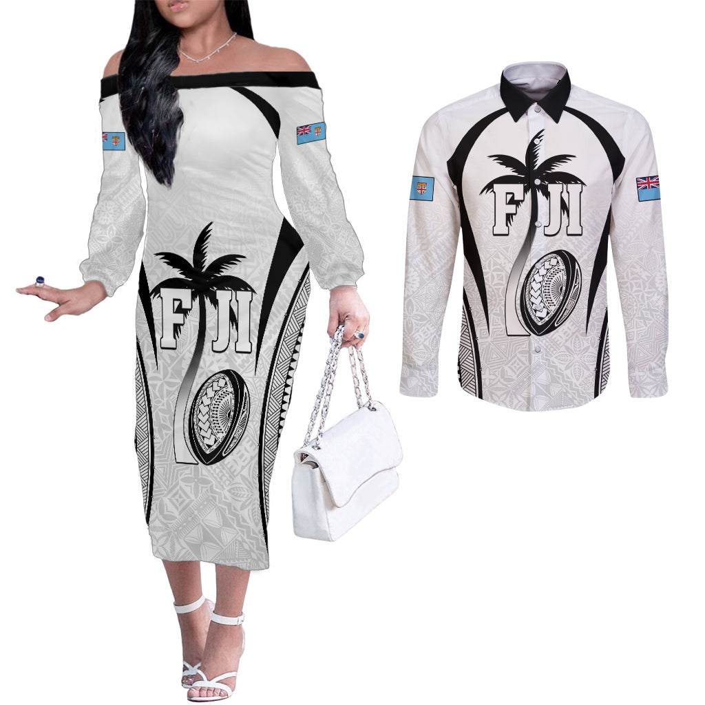 Custom Fiji Rugby Couples Matching Off The Shoulder Long Sleeve Dress and Long Sleeve Button Shirt Fijian Warrior White