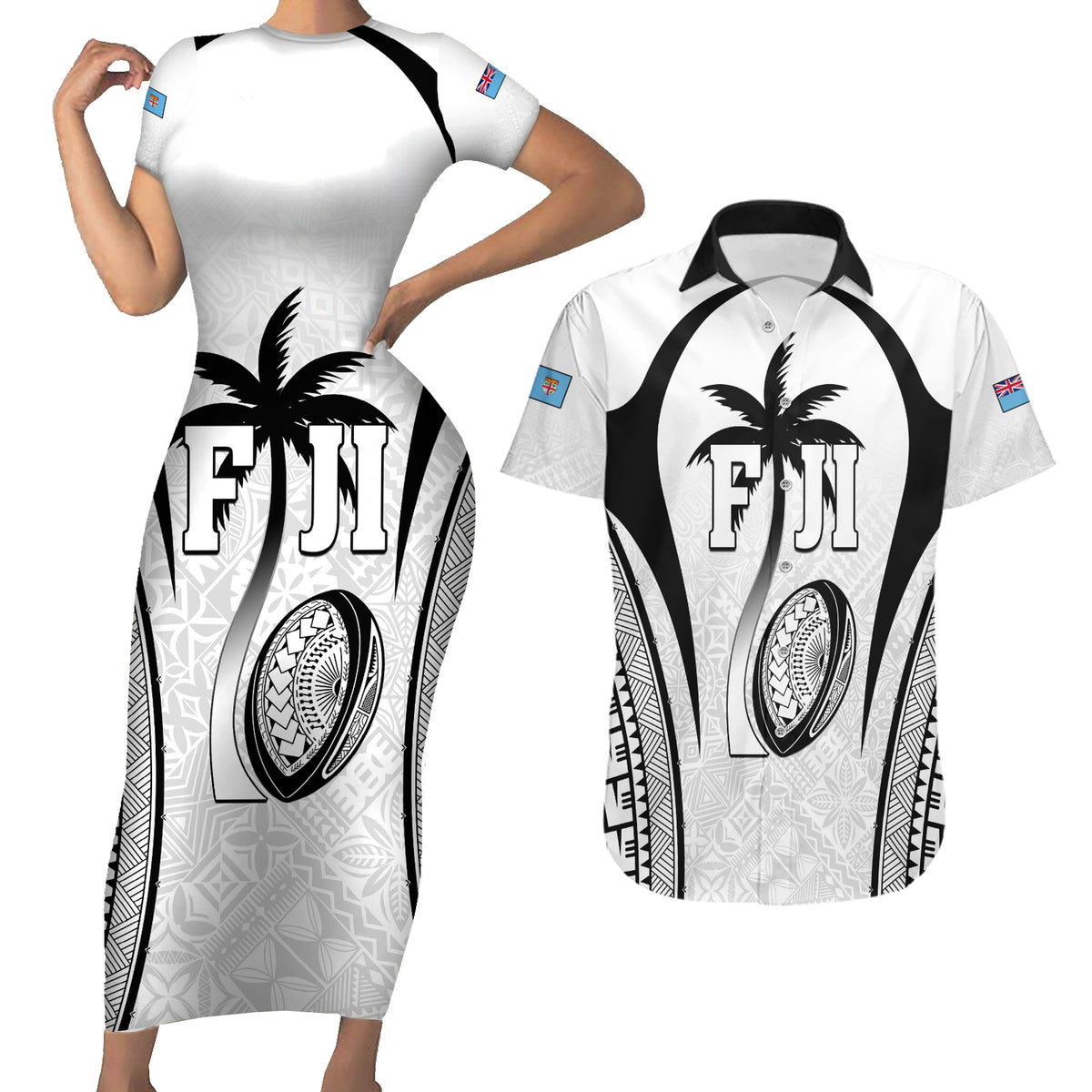 Custom Fiji Rugby Couples Matching Short Sleeve Bodycon Dress and Hawaiian Shirt Fijian Warrior White LT05 White - Polynesian Pride