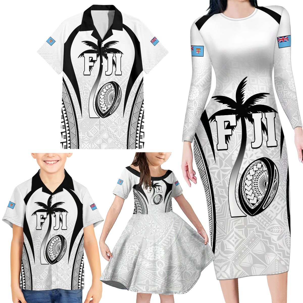 Custom Fiji Rugby Family Matching Long Sleeve Bodycon Dress and Hawaiian Shirt Fijian Warrior White LT05 - Polynesian Pride