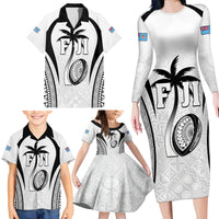 Custom Fiji Rugby Family Matching Long Sleeve Bodycon Dress and Hawaiian Shirt Fijian Warrior White LT05 - Polynesian Pride