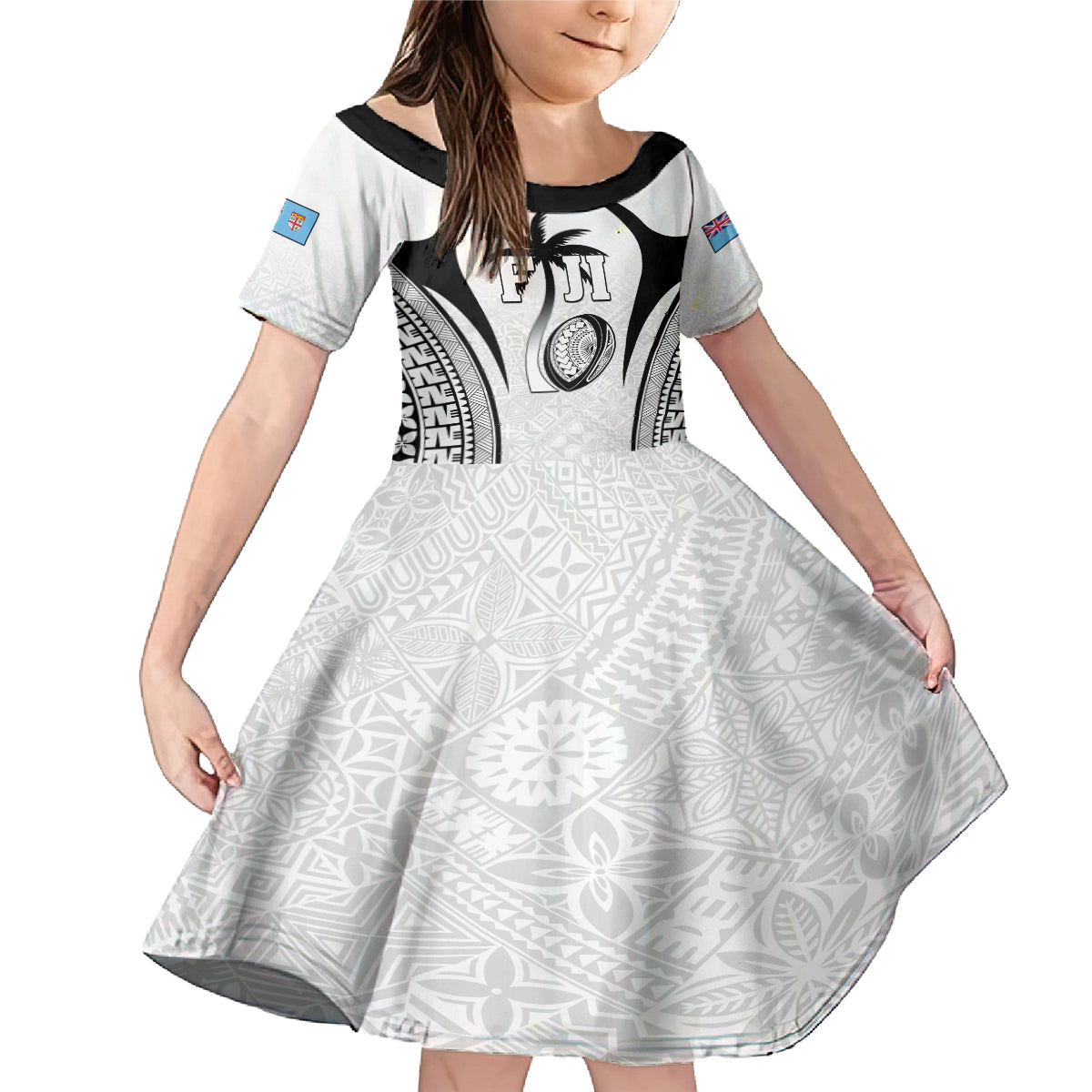 Custom Fiji Rugby Family Matching Mermaid Dress and Hawaiian Shirt Fijian Warrior White LT05 Daughter's Dress White - Polynesian Pride