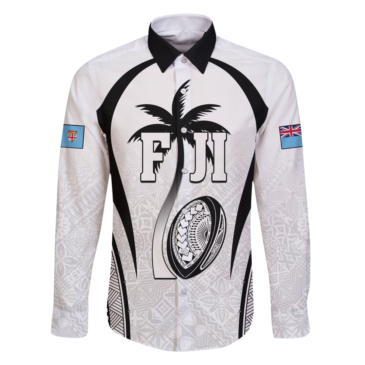 Custom Fiji Rugby Family Matching Mermaid Dress and Hawaiian Shirt Fijian Warrior White LT05 Dad's Shirt - Long Sleeve White - Polynesian Pride