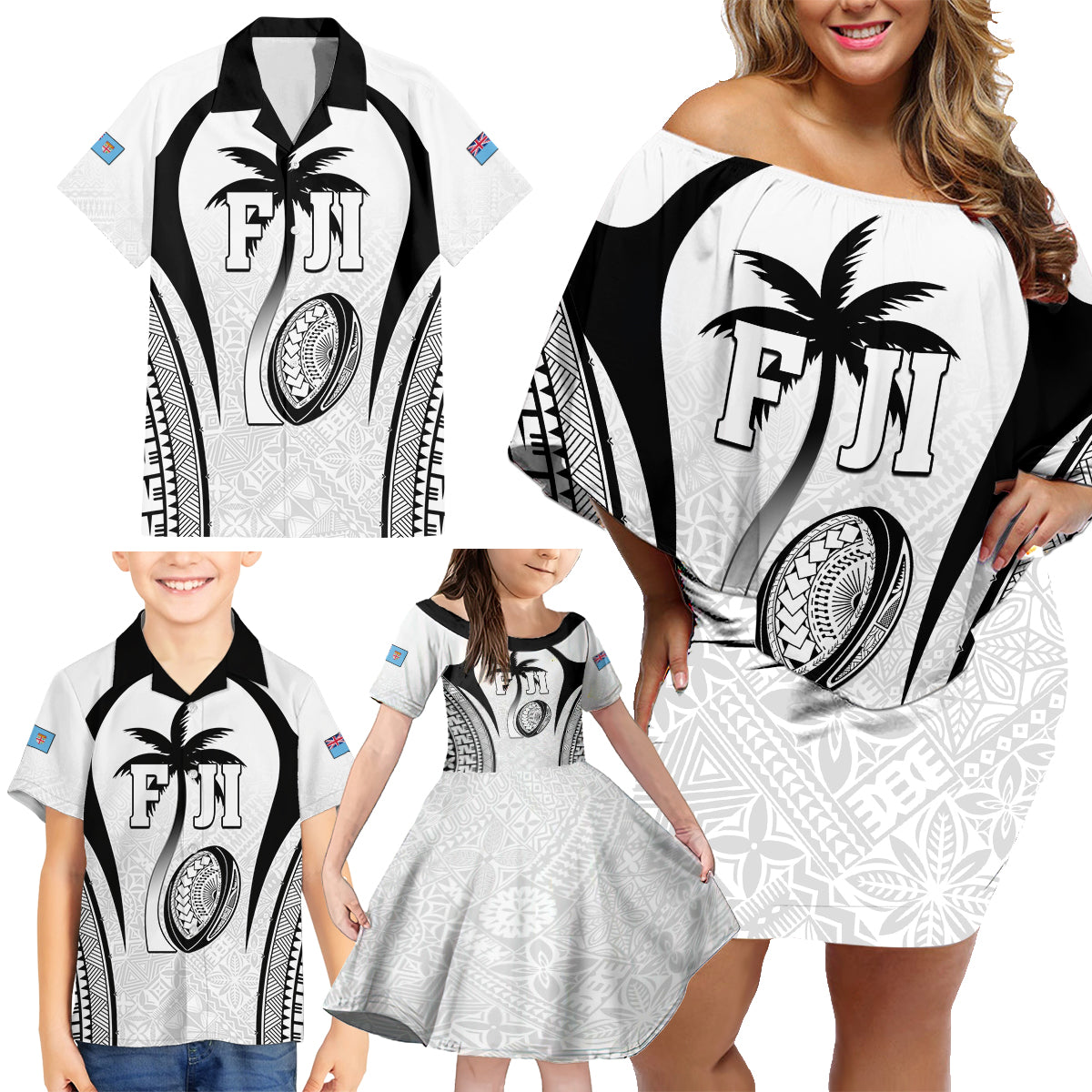 Custom Fiji Rugby Family Matching Off Shoulder Short Dress and Hawaiian Shirt Fijian Warrior White LT05 - Polynesian Pride