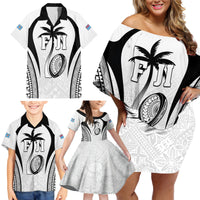 Custom Fiji Rugby Family Matching Off Shoulder Short Dress and Hawaiian Shirt Fijian Warrior White LT05 - Polynesian Pride