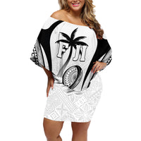 Custom Fiji Rugby Family Matching Off Shoulder Short Dress and Hawaiian Shirt Fijian Warrior White LT05 Mom's Dress White - Polynesian Pride