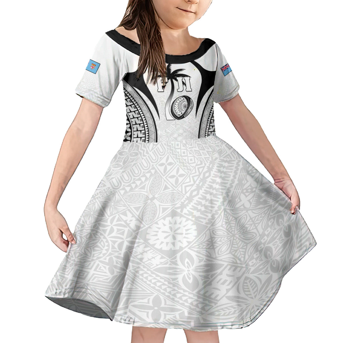 Custom Fiji Rugby Family Matching Puletasi and Hawaiian Shirt Fijian Warrior White LT05 Daughter's Dress White - Polynesian Pride