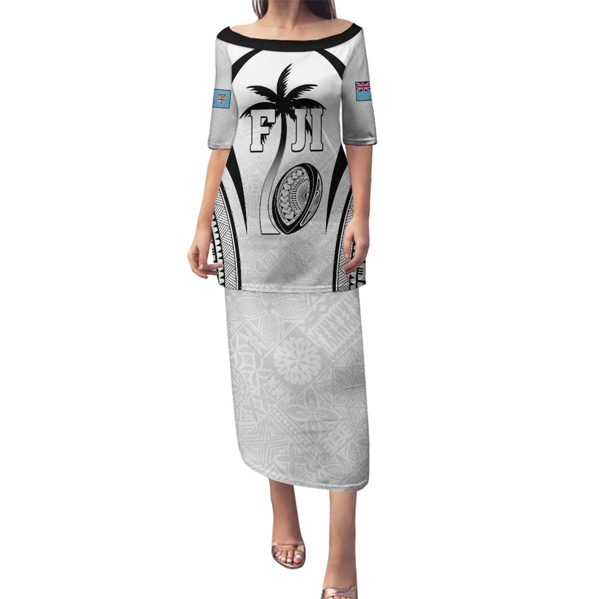 Custom Fiji Rugby Family Matching Puletasi and Hawaiian Shirt Fijian Warrior White LT05 Mom's Dress White - Polynesian Pride