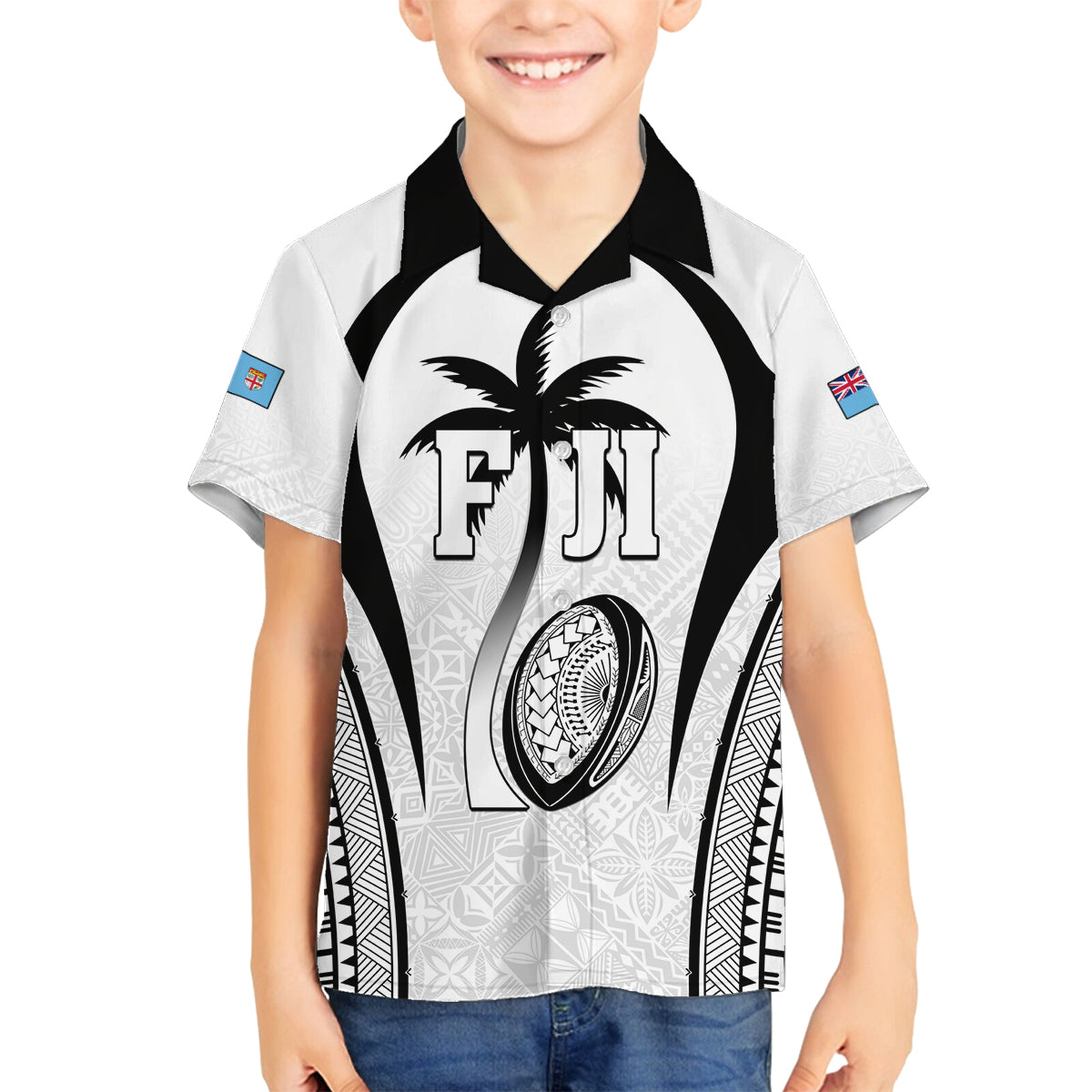 Custom Fiji Rugby Family Matching Puletasi and Hawaiian Shirt Fijian Warrior White LT05 Son's Shirt White - Polynesian Pride