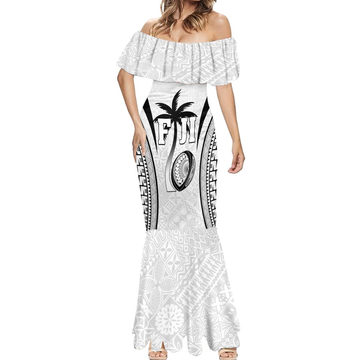 Custom Fiji Rugby Mermaid Dress Fijian Warrior White LT05 - Polynesian Pride