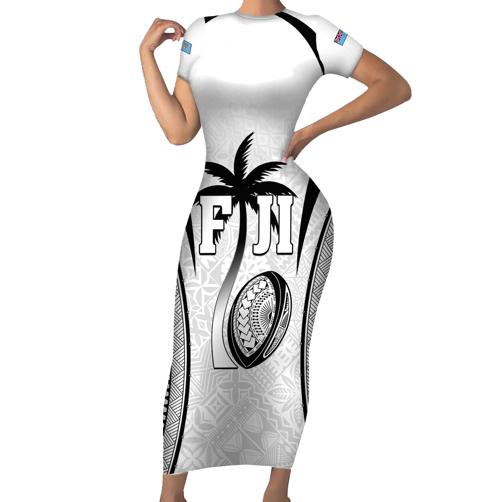 Custom Fiji Rugby Short Sleeve Bodycon Dress Fijian Warrior White