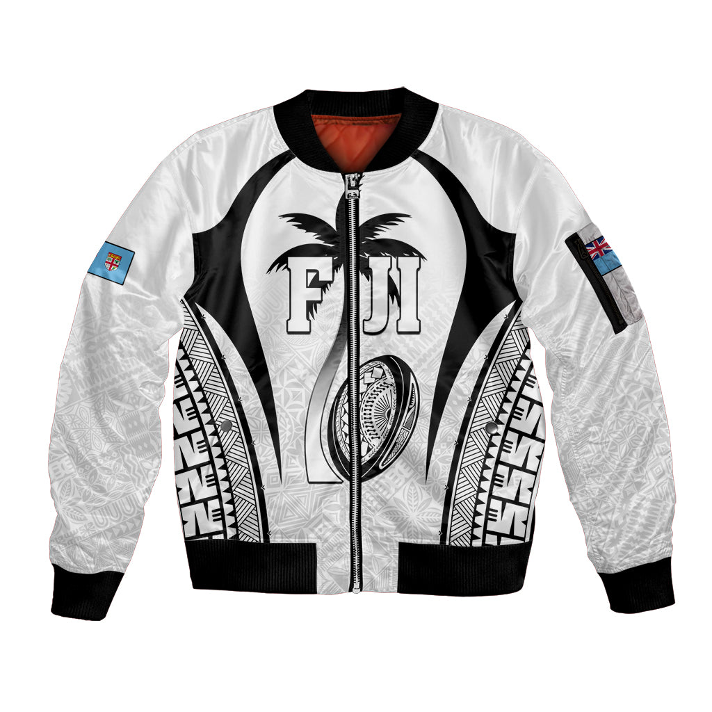 Custom Fiji Rugby Sleeve Zip Bomber Jacket Fijian Warrior White