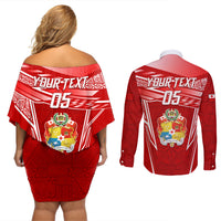 Custom Tonga Rugby Couples Matching Off Shoulder Short Dress and Long Sleeve Button Shirt Kupesi Ngatu Pattern