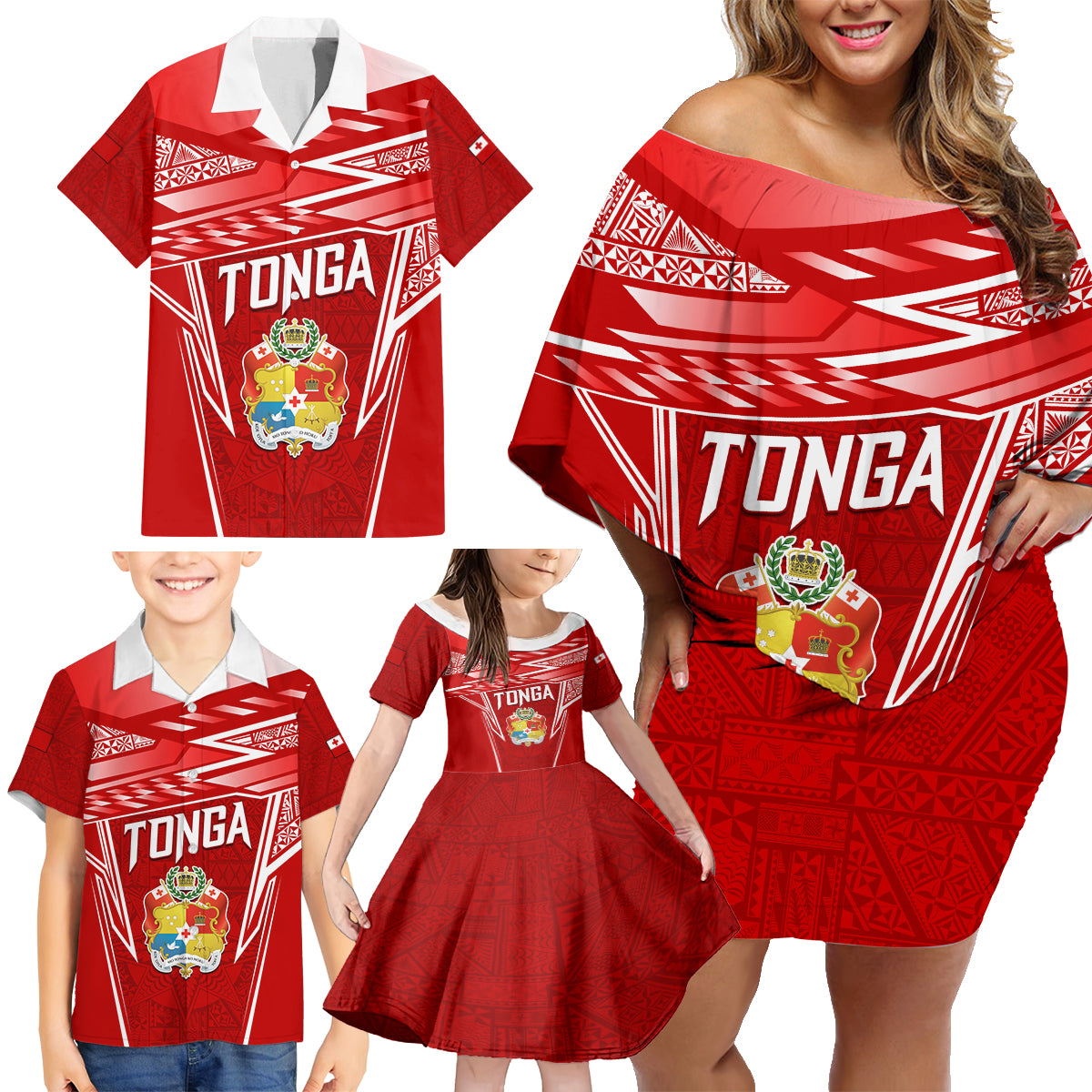 Custom Tonga Rugby Family Matching Off Shoulder Short Dress and Hawaiian Shirt Kupesi Ngatu Pattern