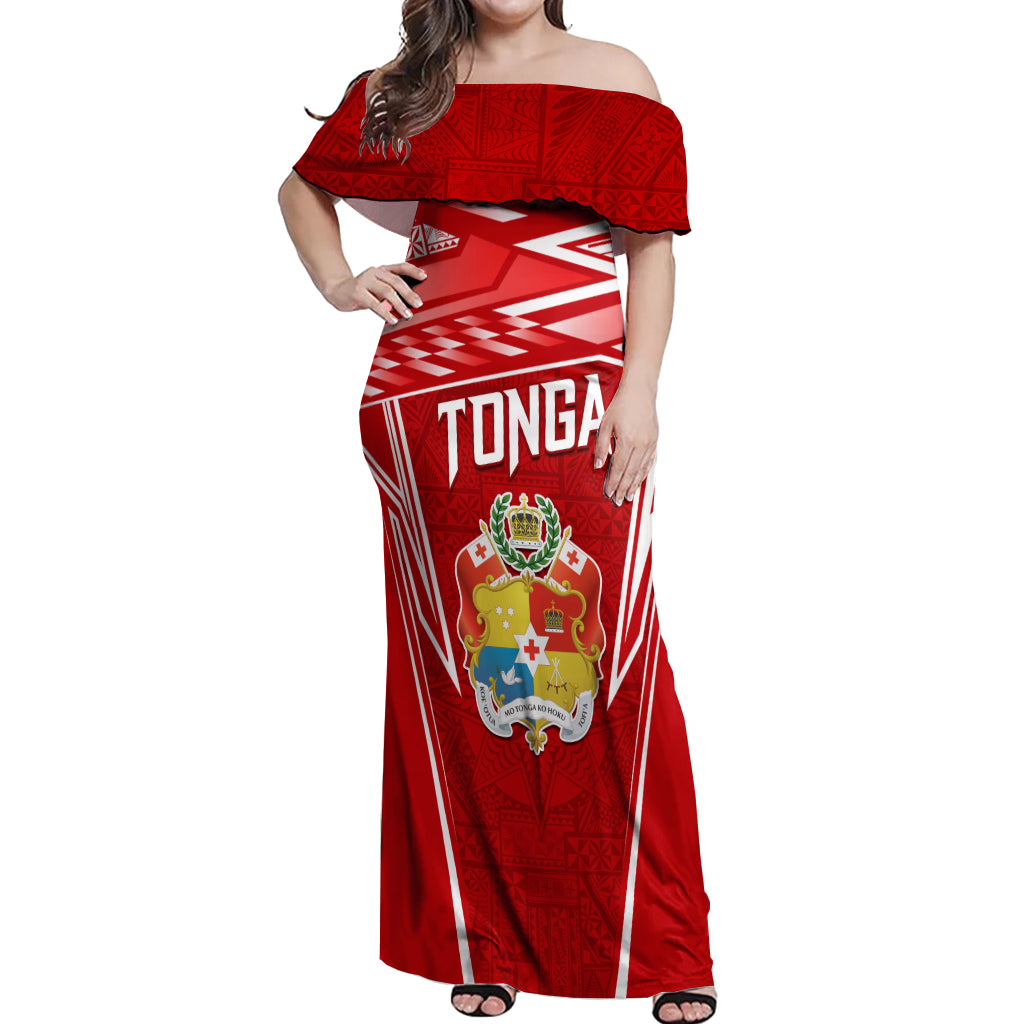 Custom Tonga Rugby Off Shoulder Maxi Dress Kupesi Ngatu Pattern