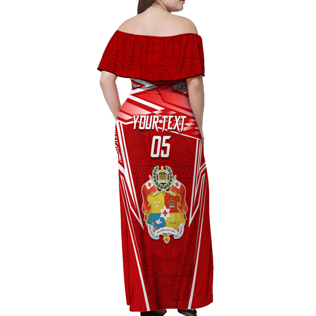 Custom Tonga Rugby Off Shoulder Maxi Dress Kupesi Ngatu Pattern