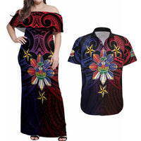 Haiti Philippines Couples Matching Off Shoulder Maxi Dress and Hawaiian Shirt Haitian Coat Of Arms With Filipino Sun LT05 Black - Polynesian Pride