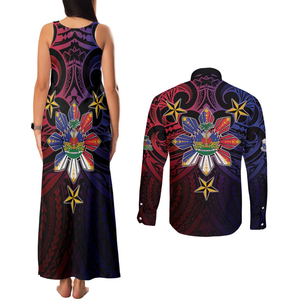 Haiti Philippines Couples Matching Tank Maxi Dress and Long Sleeve Button Shirt Haitian Coat Of Arms With Filipino Sun LT05 - Polynesian Pride