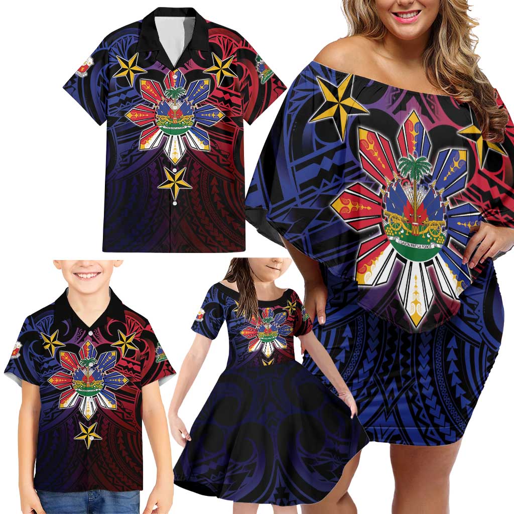 Haiti Philippines Family Matching Off Shoulder Short Dress and Hawaiian Shirt Haitian Coat Of Arms With Filipino Sun