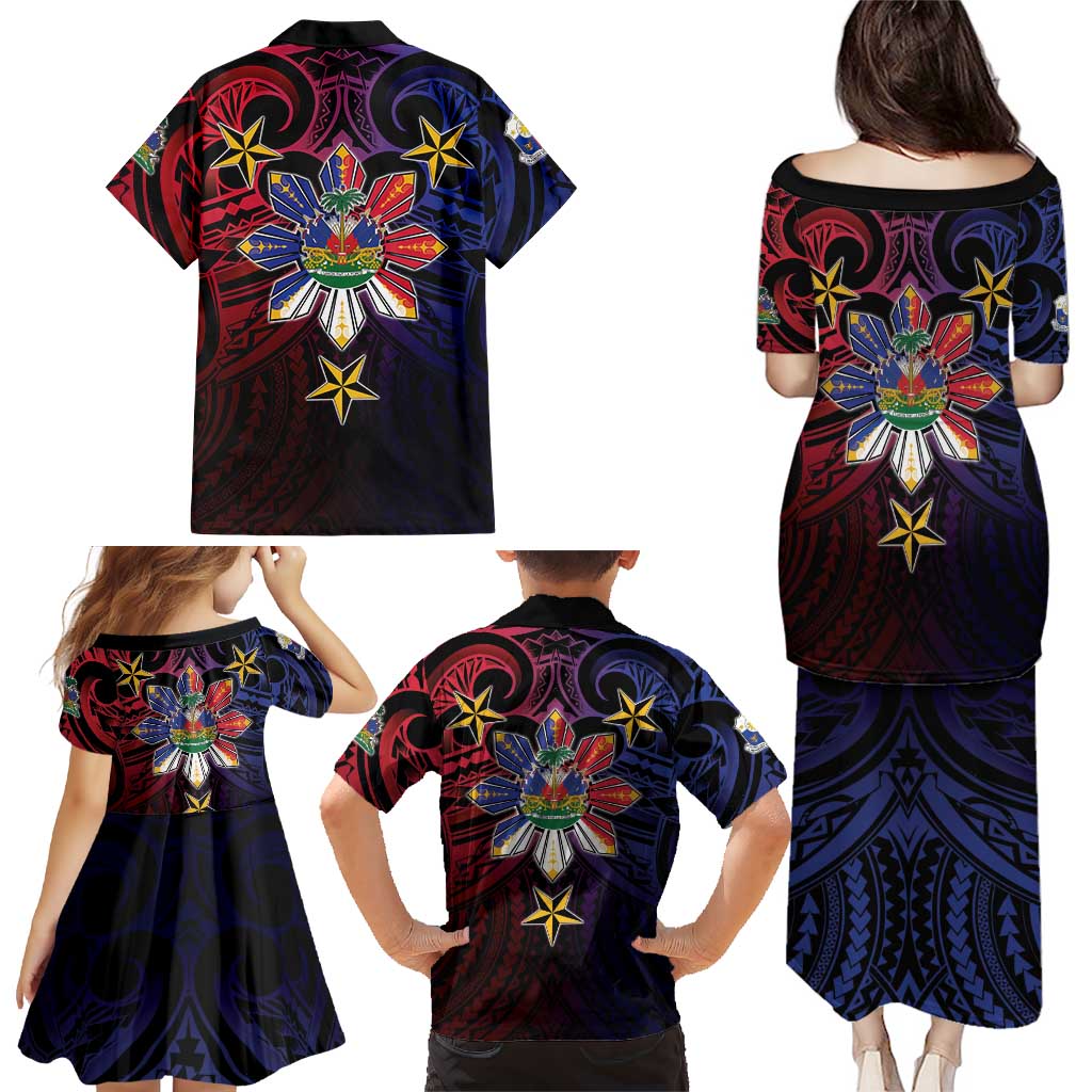 Haiti Philippines Family Matching Puletasi and Hawaiian Shirt Haitian Coat Of Arms With Filipino Sun