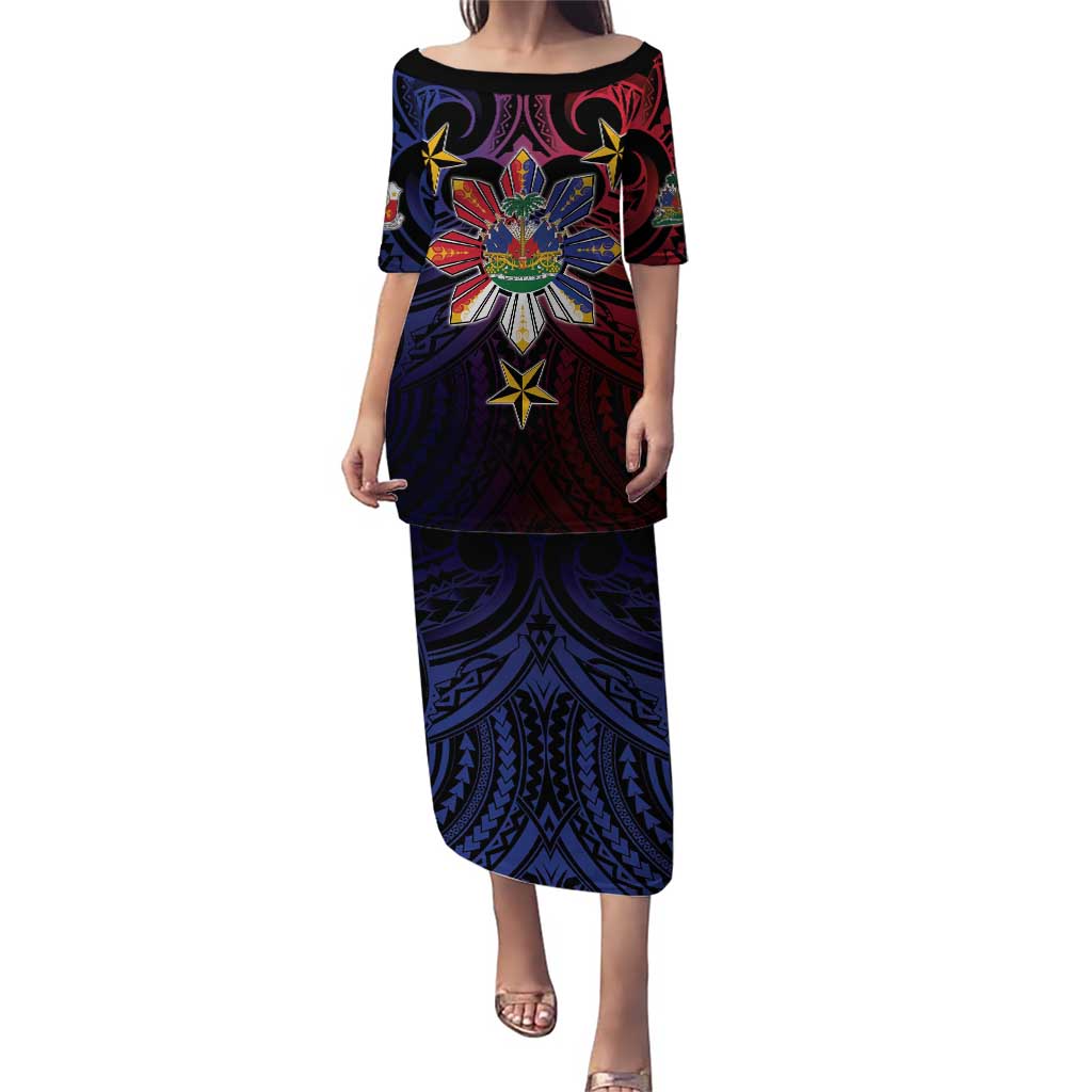 Haiti Philippines Family Matching Puletasi and Hawaiian Shirt Haitian Coat Of Arms With Filipino Sun