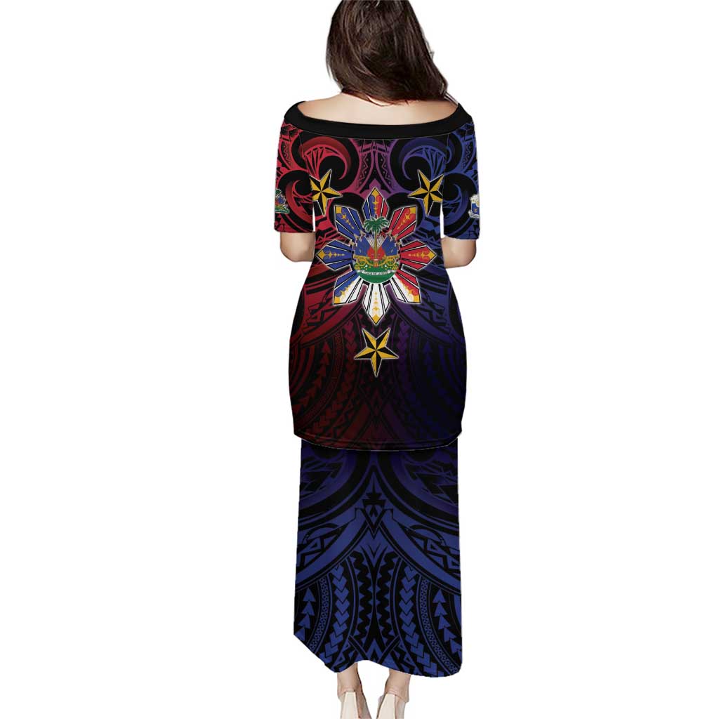 Haiti Philippines Family Matching Puletasi and Hawaiian Shirt Haitian Coat Of Arms With Filipino Sun