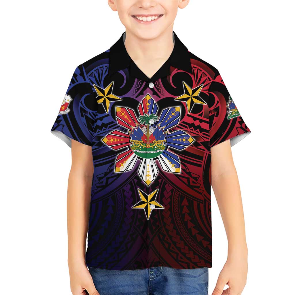 Haiti Philippines Family Matching Puletasi and Hawaiian Shirt Haitian Coat Of Arms With Filipino Sun