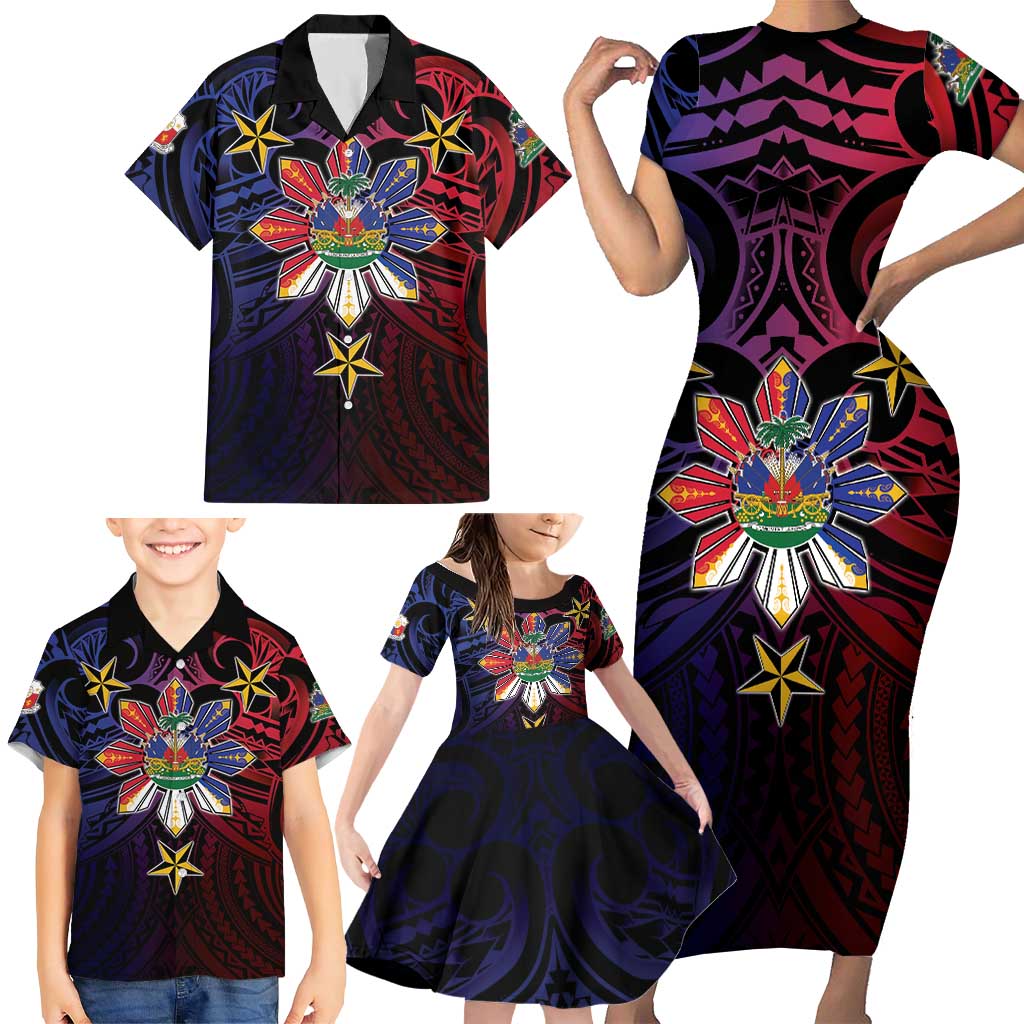Haiti Philippines Family Matching Short Sleeve Bodycon Dress and Hawaiian Shirt Haitian Coat Of Arms With Filipino Sun