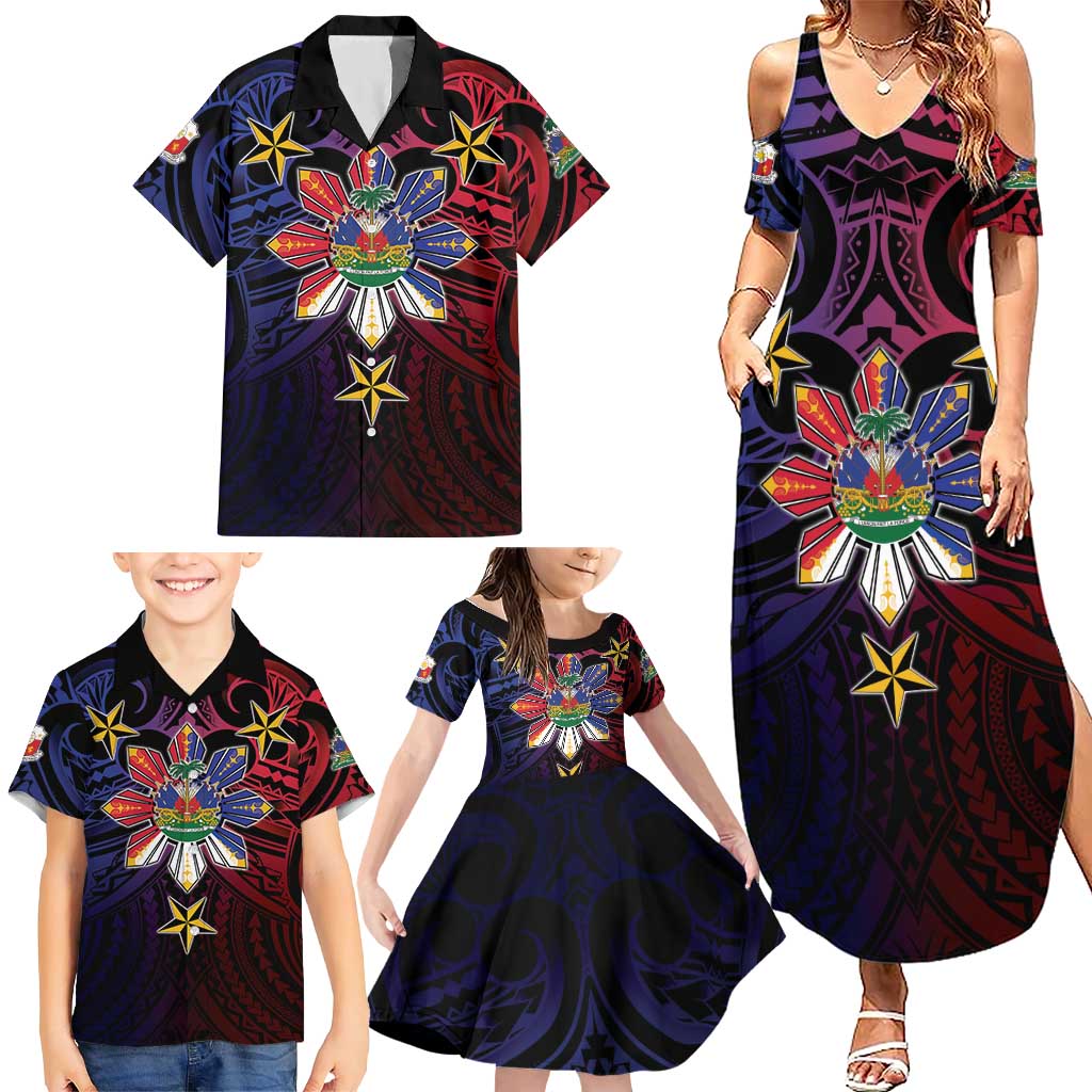 Haiti Philippines Family Matching Summer Maxi Dress and Hawaiian Shirt Haitian Coat Of Arms With Filipino Sun