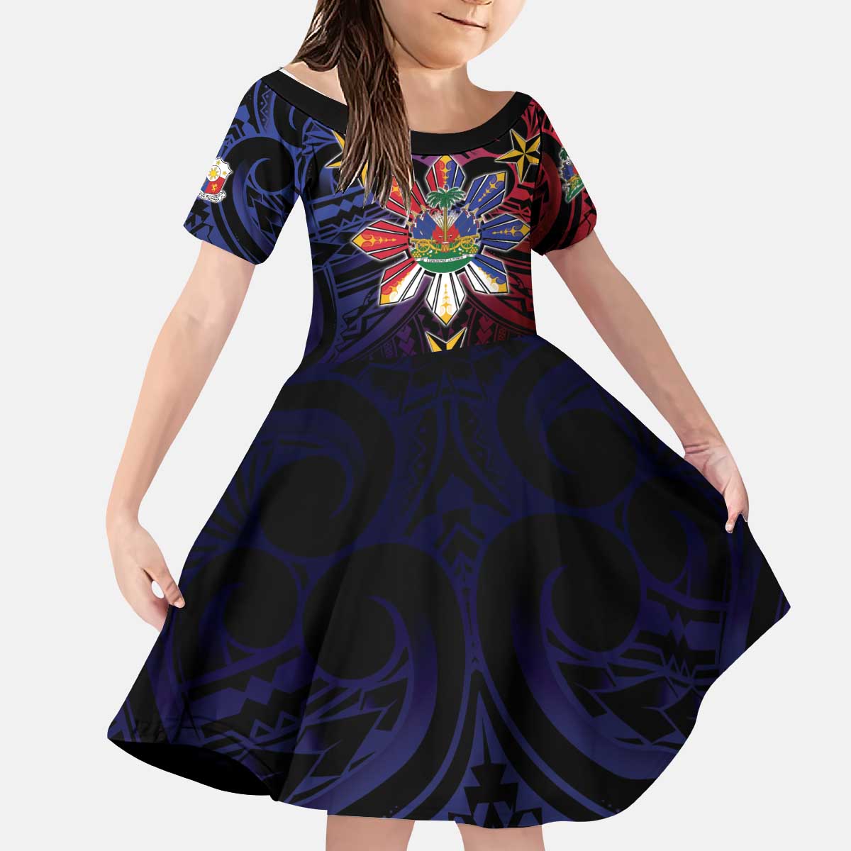 Haiti Philippines Kid Short Sleeve Dress Haitian Coat Of Arms With Filipino Sun