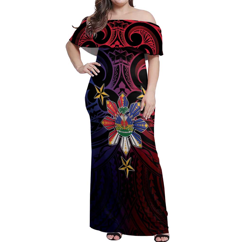Haiti Philippines Off Shoulder Maxi Dress Haitian Coat Of Arms With Filipino Sun