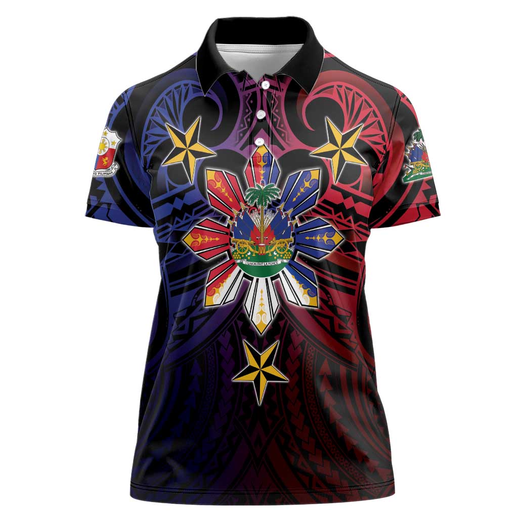 Haiti Philippines Women Polo Shirt Haitian Coat Of Arms With Filipino Sun LT05 Female Black - Polynesian Pride