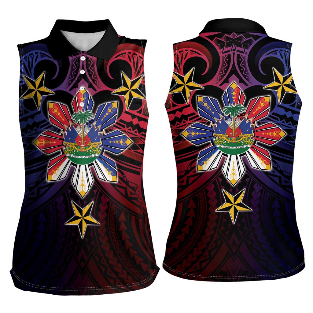 Haiti Philippines Women Sleeveless Polo Shirt Haitian Coat Of Arms With Filipino Sun LT05 - Polynesian Pride