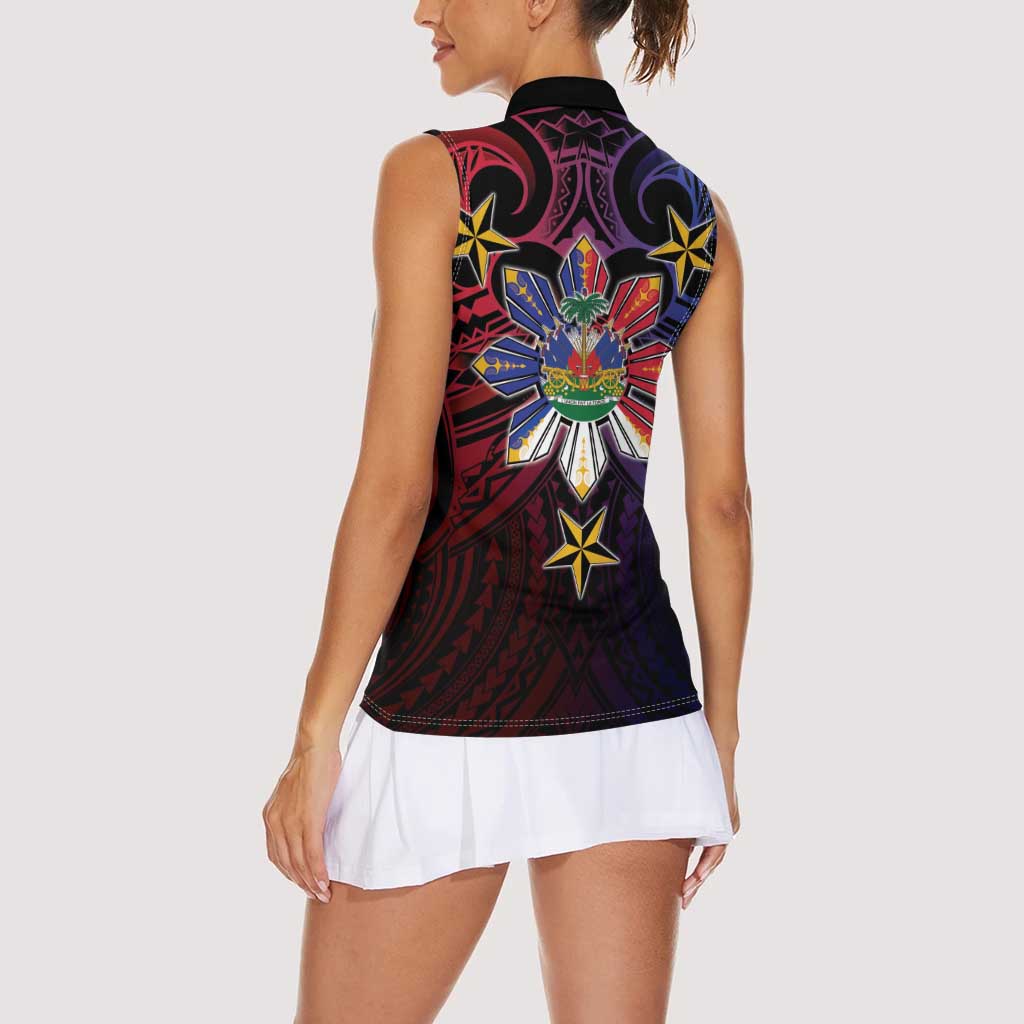Haiti Philippines Women Sleeveless Polo Shirt Haitian Coat Of Arms With Filipino Sun LT05 - Polynesian Pride