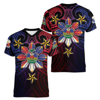 Haiti Philippines Women V-Neck T-Shirt Haitian Coat Of Arms With Filipino Sun LT05 - Polynesian Pride