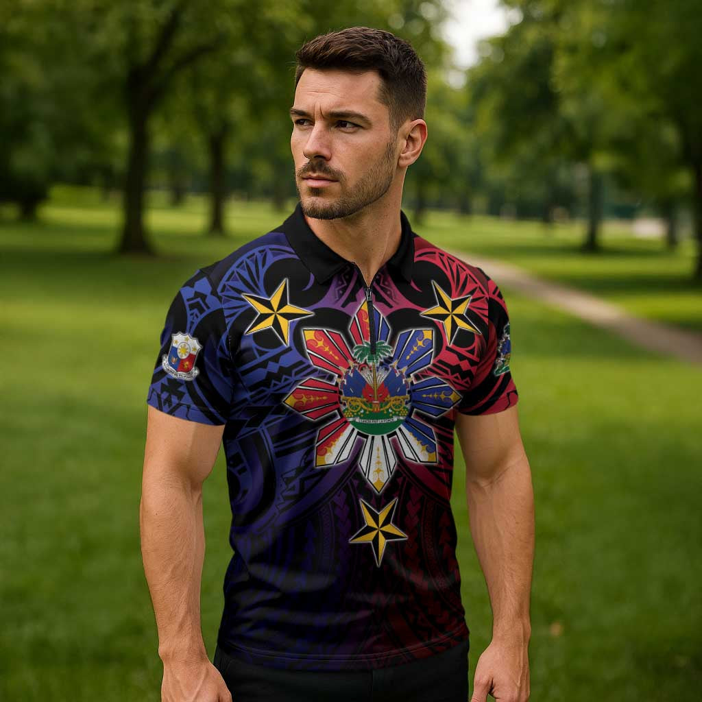 Haiti Philippines Zipper Polo Shirt Haitian Coat Of Arms With Filipino Sun LT05 - Polynesian Pride