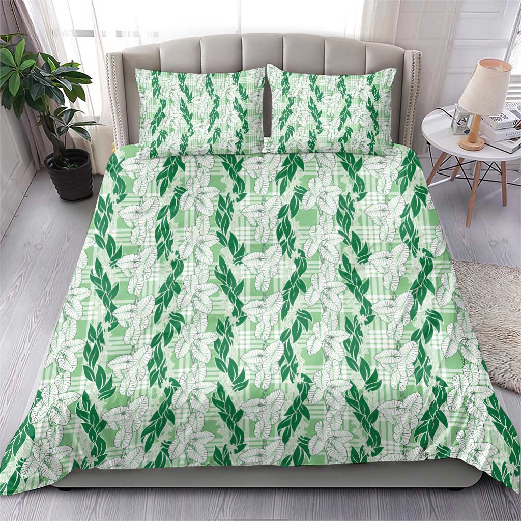 Hawaii Ti Leaf Maile Tuberose Lei Bedding Set With Hanalei Leaf Green