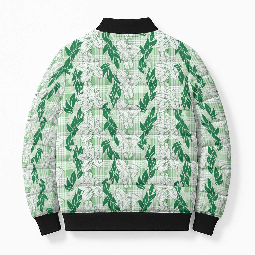 Hawaii Ti Leaf Maile Tuberose Lei Bomber Puffer Jacket With Hanalei Leaf Green