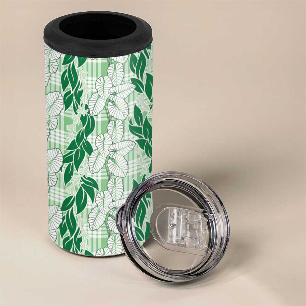 Hawaii Ti Leaf Maile Tuberose Lei 4 in 1 Can Cooler Tumbler With Hanalei Leaf Green
