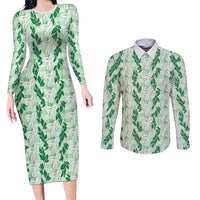 Hawaii Ti Leaf Maile Tuberose Lei Couples Matching Long Sleeve Bodycon Dress and Long Sleeve Button Shirt With Hanalei Leaf Green