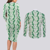 Hawaii Ti Leaf Maile Tuberose Lei Couples Matching Long Sleeve Bodycon Dress and Long Sleeve Button Shirt With Hanalei Leaf Green
