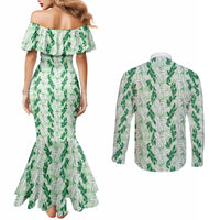 Hawaii Ti Leaf Maile Tuberose Lei Couples Matching Mermaid Dress and Long Sleeve Button Shirt With Hanalei Leaf Green