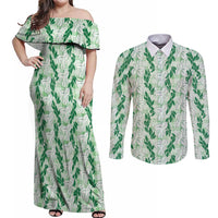 Hawaii Ti Leaf Maile Tuberose Lei Couples Matching Off Shoulder Maxi Dress and Long Sleeve Button Shirt With Hanalei Leaf Green
