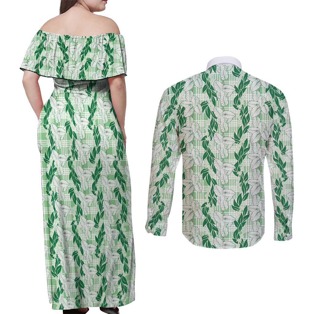 Hawaii Ti Leaf Maile Tuberose Lei Couples Matching Off Shoulder Maxi Dress and Long Sleeve Button Shirt With Hanalei Leaf Green