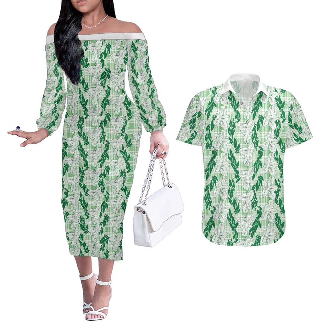 Hawaii Ti Leaf Maile Tuberose Lei Couples Matching Off The Shoulder Long Sleeve Dress and Hawaiian Shirt With Hanalei Leaf Green