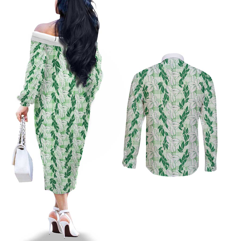 Hawaii Ti Leaf Maile Tuberose Lei Couples Matching Off The Shoulder Long Sleeve Dress and Long Sleeve Button Shirt With Hanalei Leaf Green