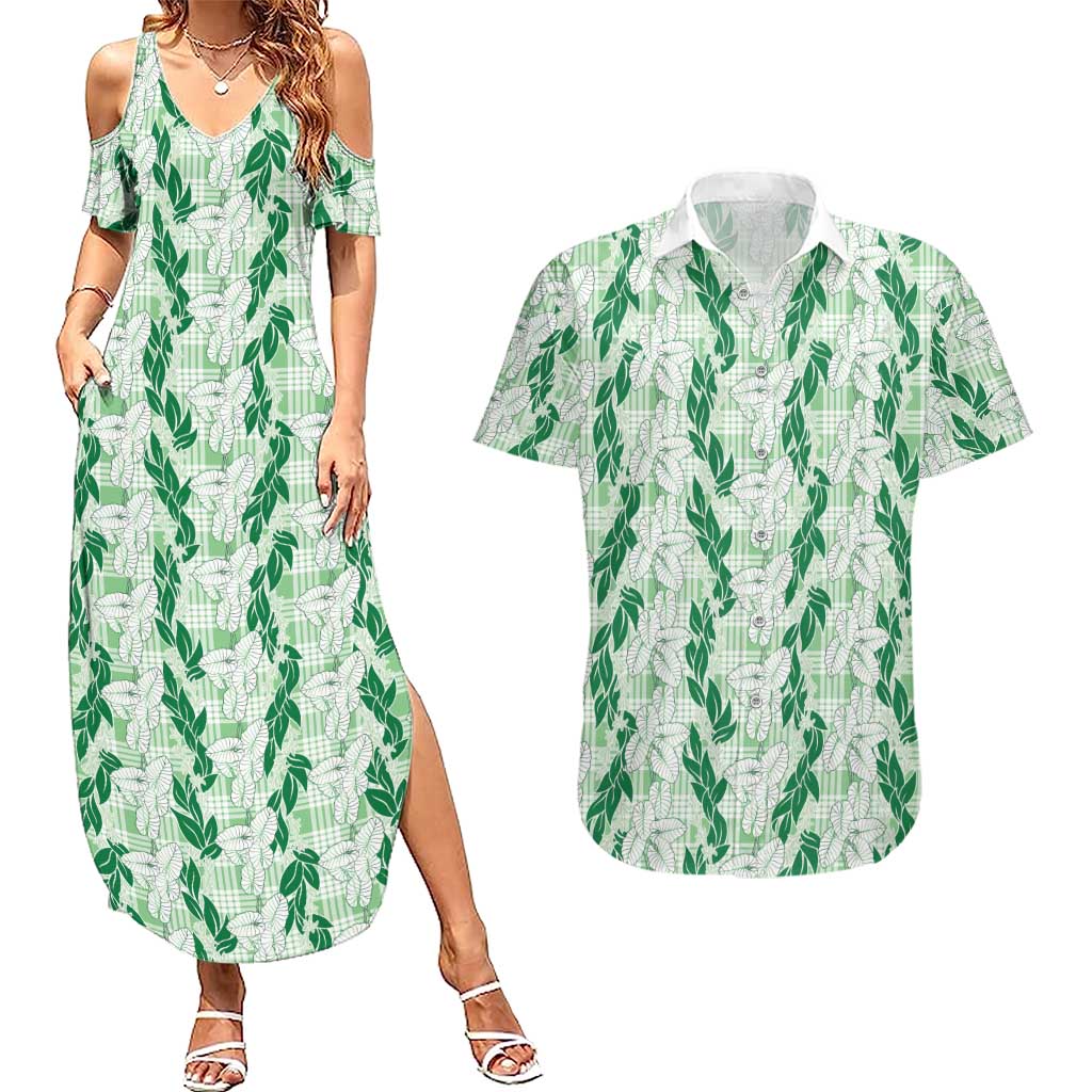 Hawaii Ti Leaf Maile Tuberose Lei Couples Matching Summer Maxi Dress and Hawaiian Shirt With Hanalei Leaf Green LT05 Green - Polynesian Pride
