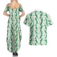 Hawaii Ti Leaf Maile Tuberose Lei Couples Matching Summer Maxi Dress and Hawaiian Shirt With Hanalei Leaf Green LT05 - Polynesian Pride