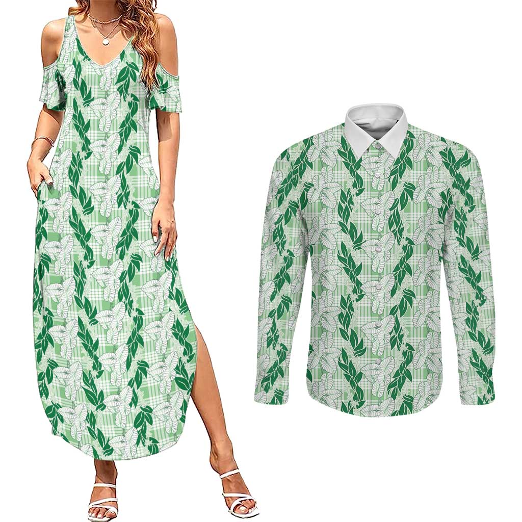 Hawaii Ti Leaf Maile Tuberose Lei Couples Matching Summer Maxi Dress and Long Sleeve Button Shirt With Hanalei Leaf Green